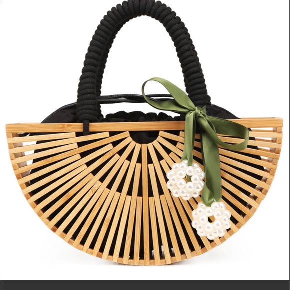 Black braided bamboo handbag with canvas bag - Picture 4 of 13